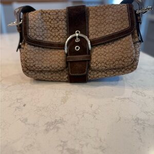 Coach Brown Signature Canvas Shoulder Bag with Suede Trim